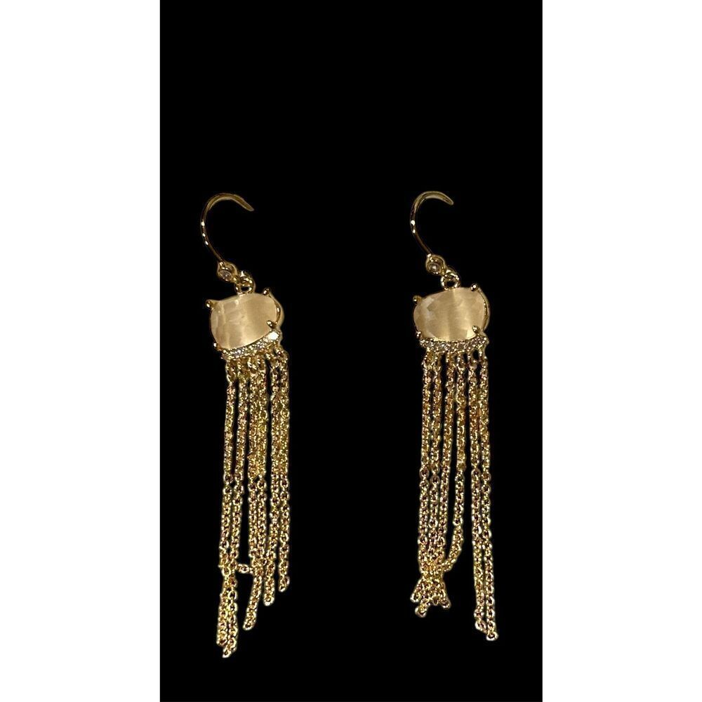 TAI Rose Quart & CZ with Gold Chain Fringe Earrings